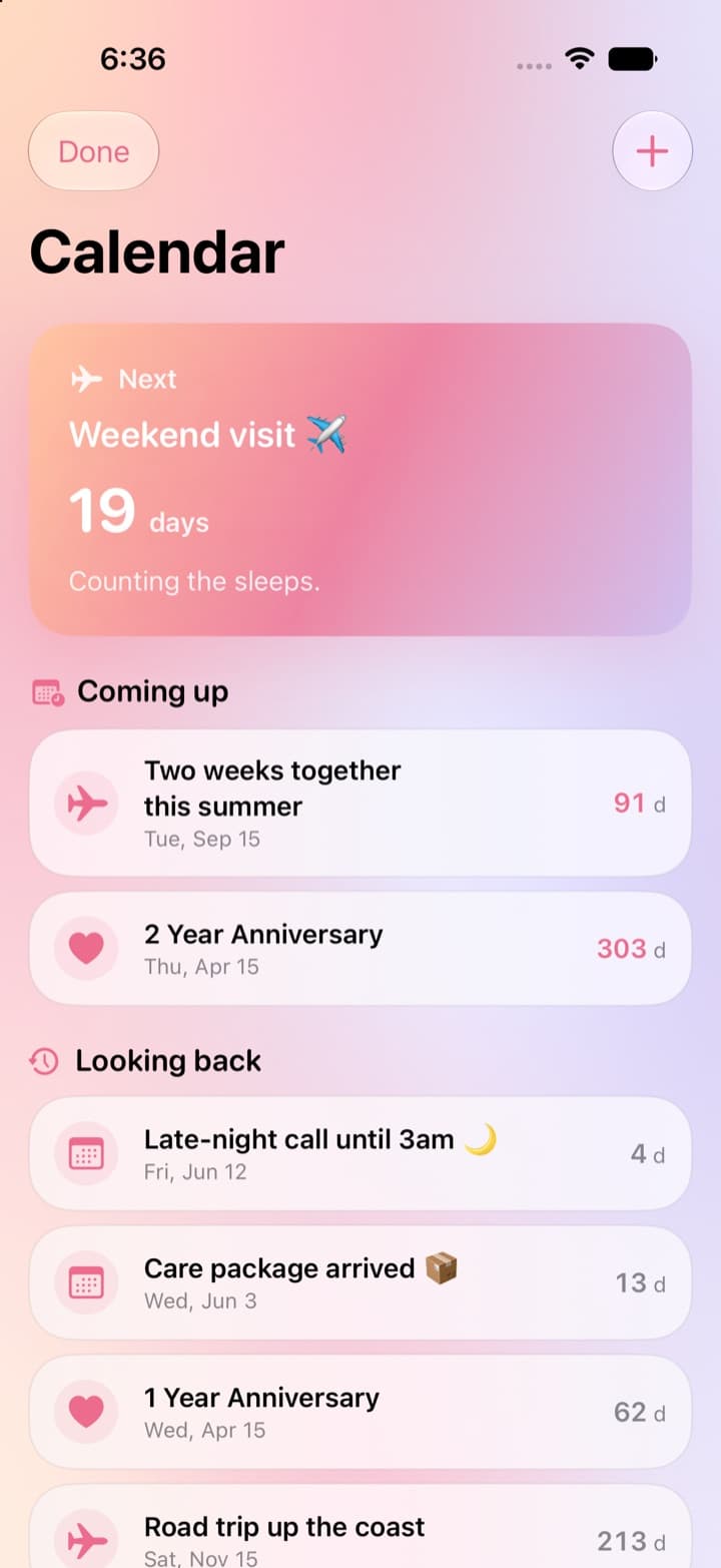 Together calendar countdown screen