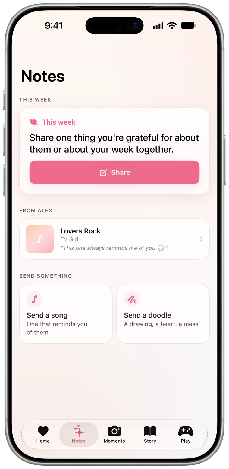Together's Notes tab with this week's gratitude prompt and a song dedication from Alex