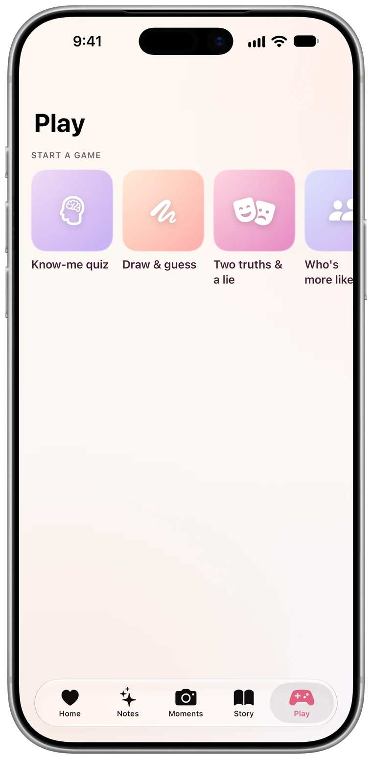Together's Play tab with Know-me quiz, Draw & guess, Two truths & a lie and Who's more likely